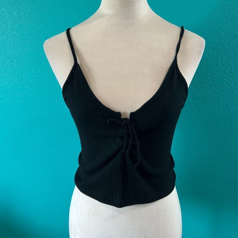 Brandy Melville John Galt Black Tie Front Spaghetti Strap Crop Top